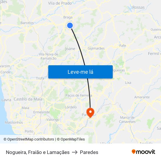 Nogueira, Fraião e Lamaçães to Paredes map