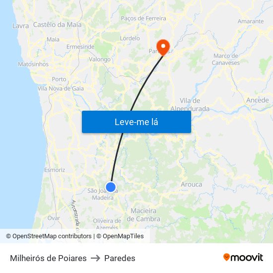 Milheirós de Poiares to Paredes map