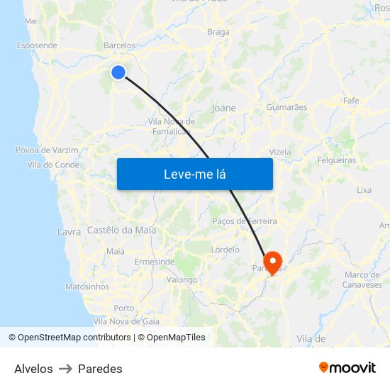 Alvelos to Paredes map