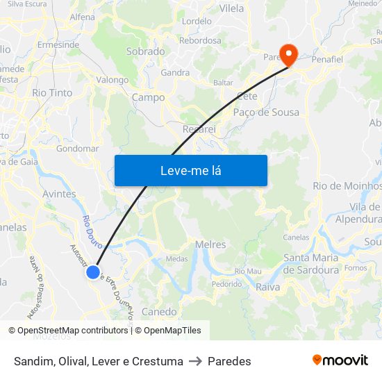 Sandim, Olival, Lever e Crestuma to Paredes map