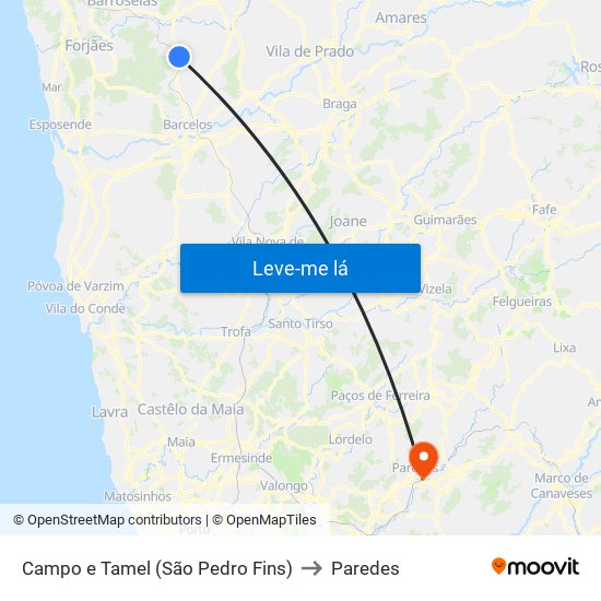 Campo e Tamel (São Pedro Fins) to Paredes map