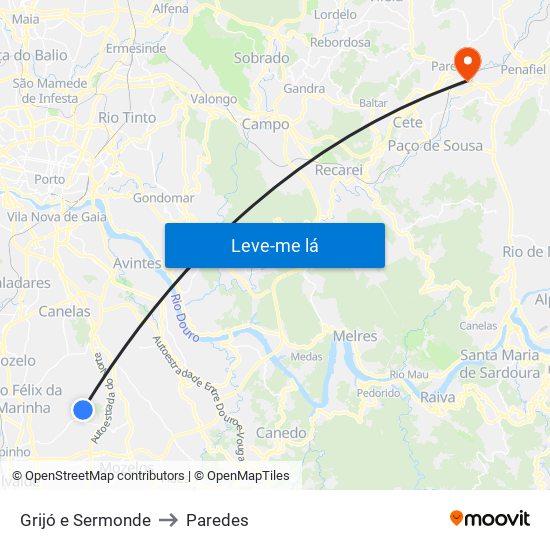Grijó e Sermonde to Paredes map