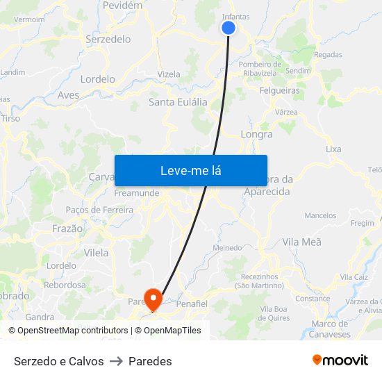 Serzedo e Calvos to Paredes map