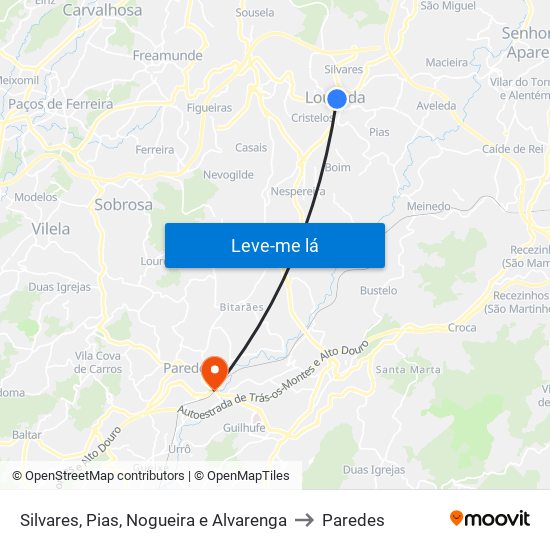 Silvares, Pias, Nogueira e Alvarenga to Paredes map