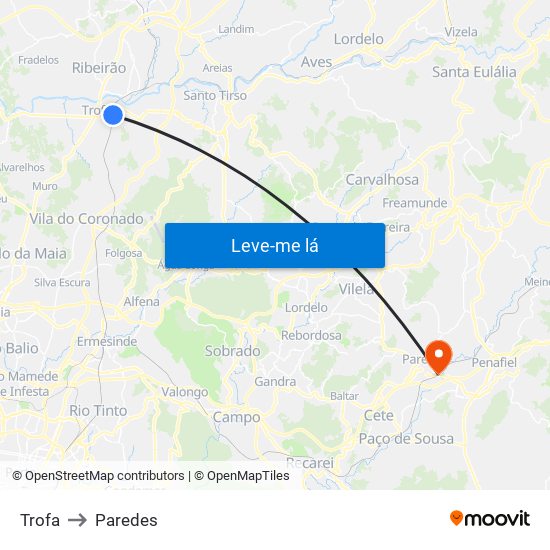 Trofa to Paredes map