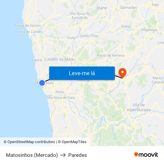 Matosinhos (Mercado) to Paredes map
