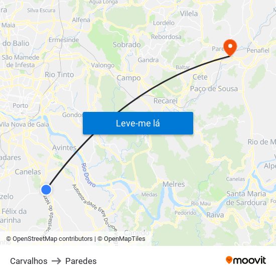 Carvalhos to Paredes map