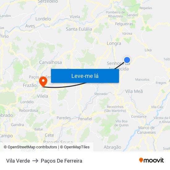 Vila Verde to Paços De Ferreira map