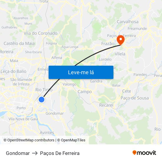 Gondomar to Paços De Ferreira map