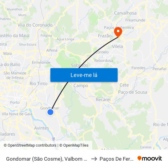 Gondomar (São Cosme), Valbom e Jovim to Paços De Ferreira map