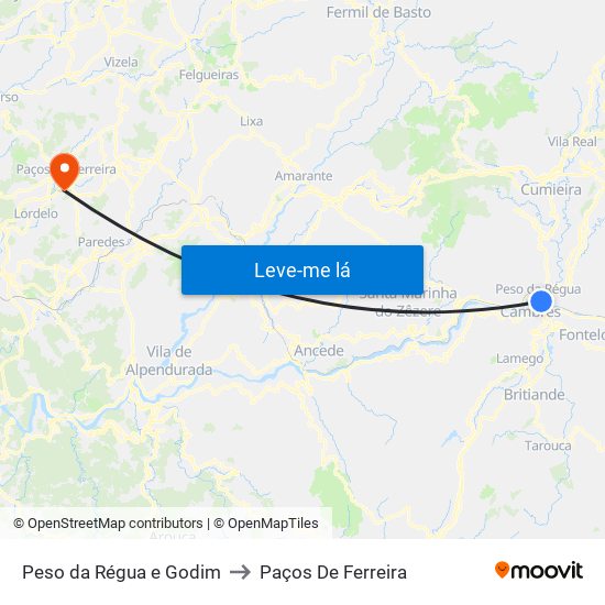 Peso da Régua e Godim to Paços De Ferreira map