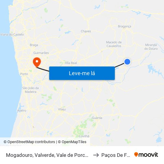 Mogadouro, Valverde, Vale de Porco e Vilar de Rei to Paços De Ferreira map