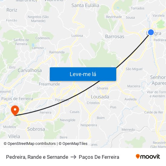 Pedreira, Rande e Sernande to Paços De Ferreira map