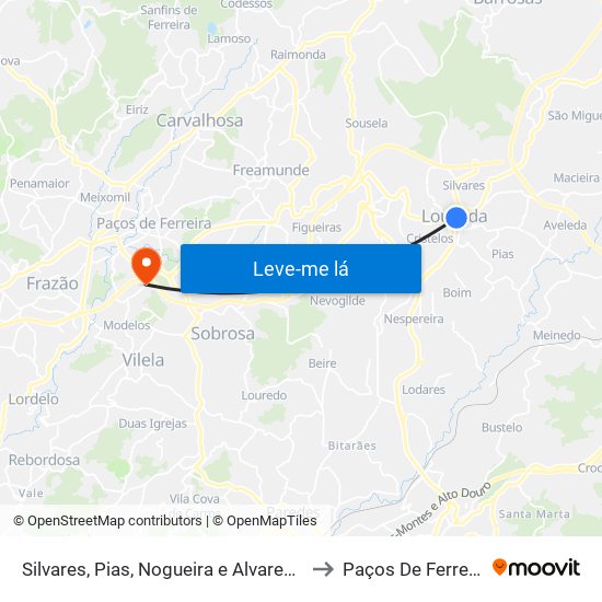 Silvares, Pias, Nogueira e Alvarenga to Paços De Ferreira map