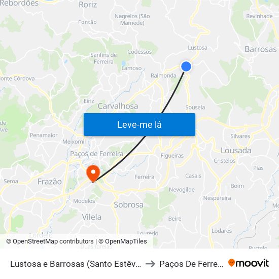 Lustosa e Barrosas (Santo Estêvão) to Paços De Ferreira map