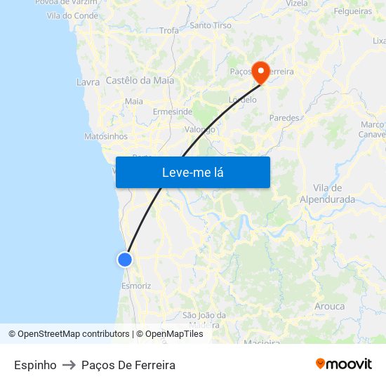 Espinho to Paços De Ferreira map