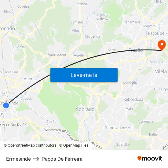 Ermesinde to Paços De Ferreira map