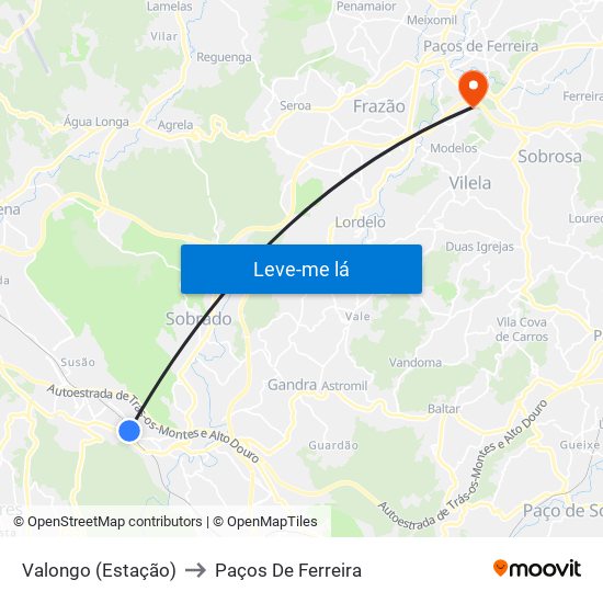 Valongo (Estação) to Paços De Ferreira map