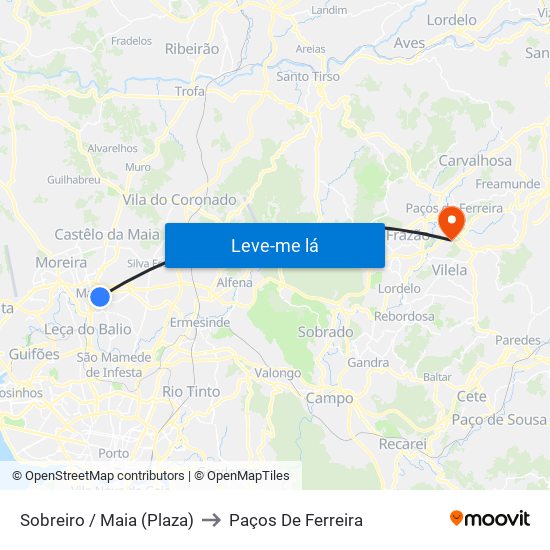 Sobreiro / Maia (Plaza) to Paços De Ferreira map
