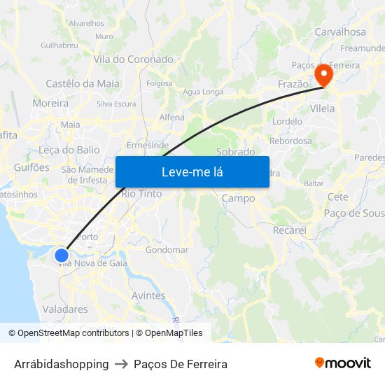 Arrábidashopping to Paços De Ferreira map