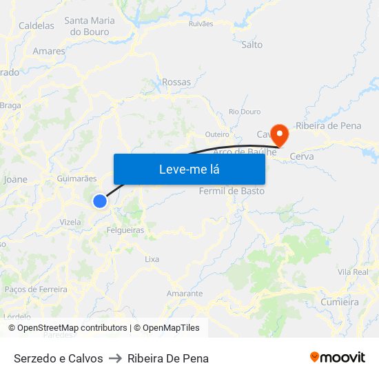 Serzedo e Calvos to Ribeira De Pena map