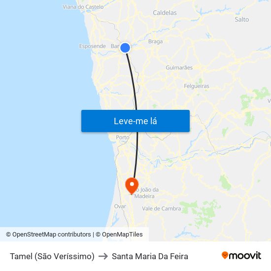 Tamel (São Veríssimo) to Santa Maria Da Feira map