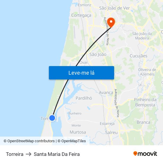 Torreira to Santa Maria Da Feira map