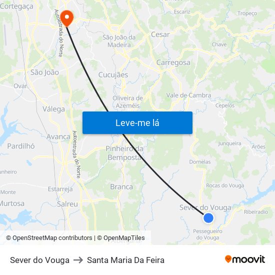 Sever do Vouga to Santa Maria Da Feira map