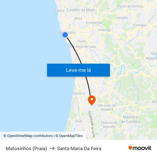 Matosinhos (Praia) to Santa Maria Da Feira map