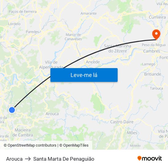 Arouca to Santa Marta De Penaguião map