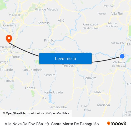 Vila Nova De Foz Côa to Santa Marta De Penaguião map