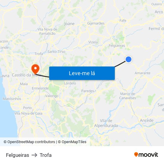 Felgueiras to Trofa map