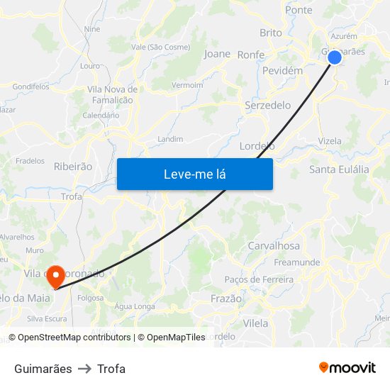 Guimarães to Trofa map