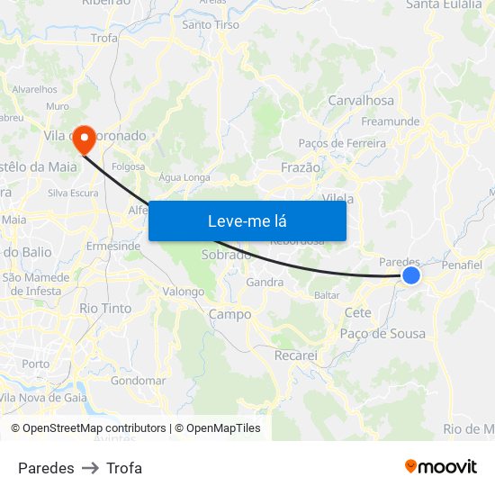Paredes to Trofa map