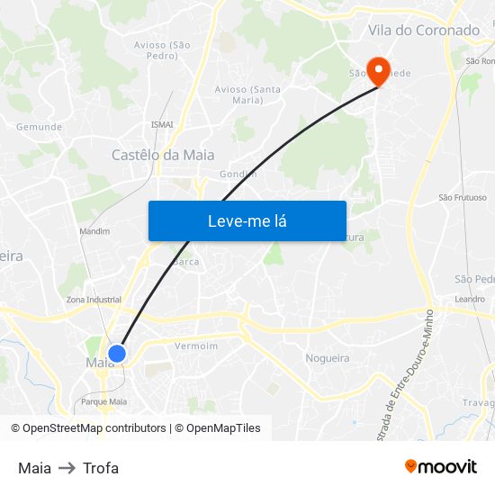 Maia to Trofa map