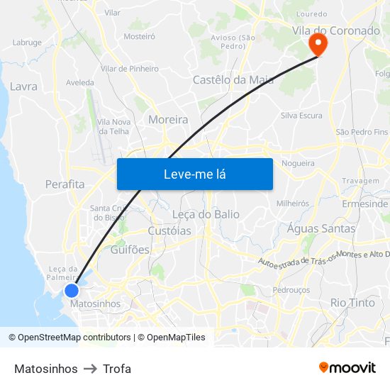 Matosinhos to Trofa map