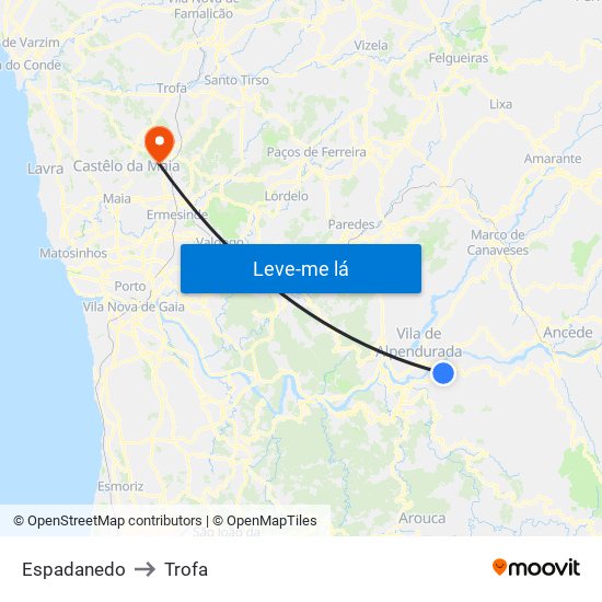 Espadanedo to Trofa map