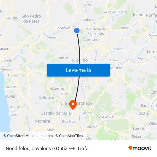 Gondifelos, Cavalões e Outiz to Trofa map