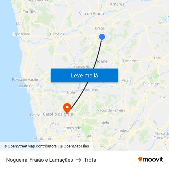 Nogueira, Fraião e Lamaçães to Trofa map