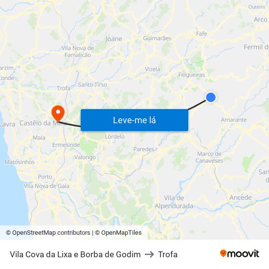 Vila Cova da Lixa e Borba de Godim to Trofa map