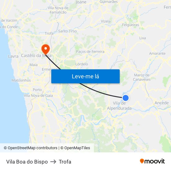 Vila Boa do Bispo to Trofa map