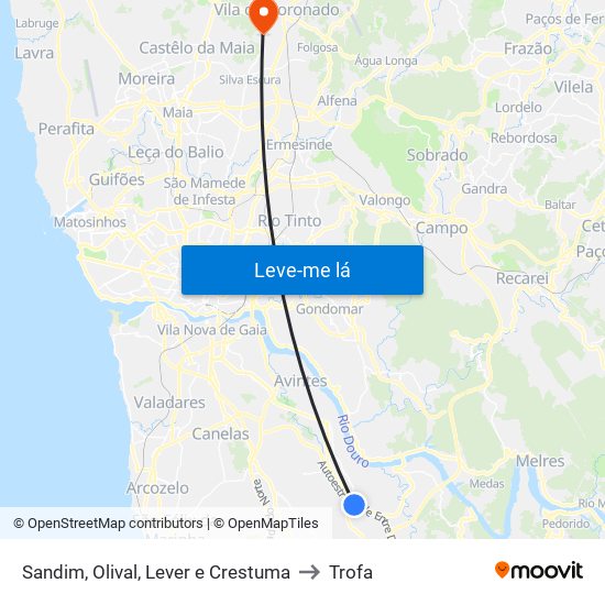 Sandim, Olival, Lever e Crestuma to Trofa map