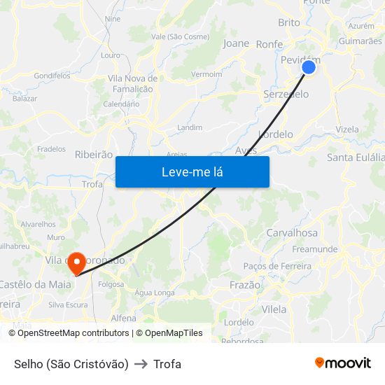 Selho (São Cristóvão) to Trofa map