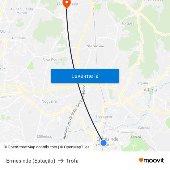 Ermesinde (Estação) to Trofa map