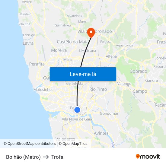 Bolhão (Metro) to Trofa map