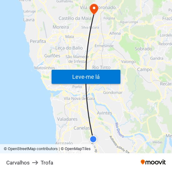 Carvalhos to Trofa map