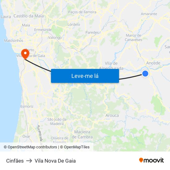 Cinfães to Vila Nova De Gaia map