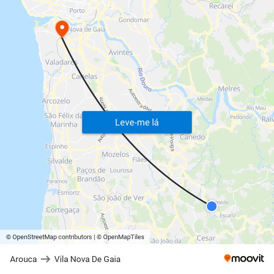 Arouca to Vila Nova De Gaia map