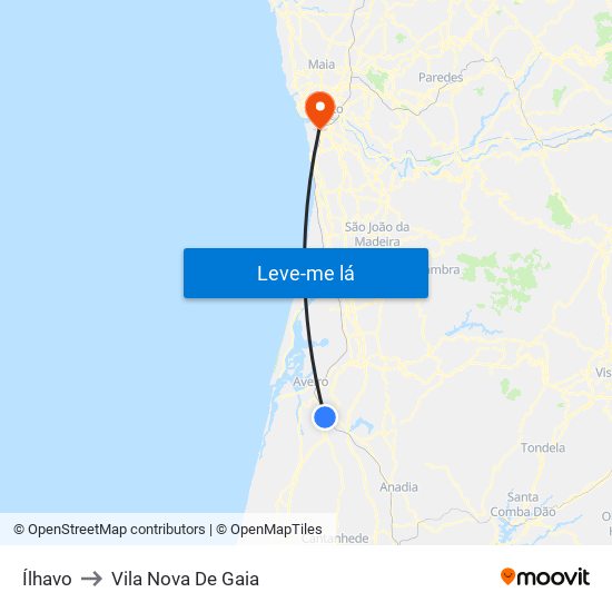 Ílhavo to Vila Nova De Gaia map