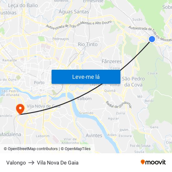 Valongo to Vila Nova De Gaia map